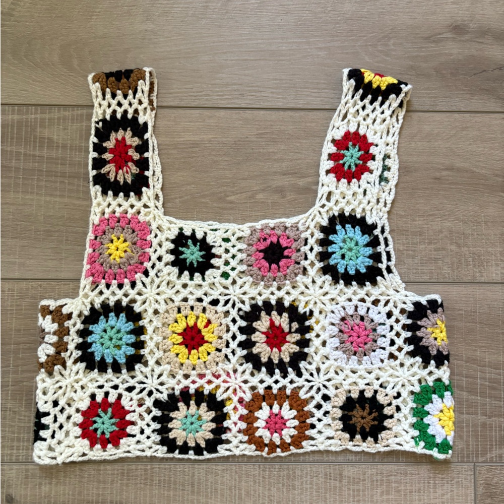 Boho Knit Colorful Crochet Square Neck Crop Top